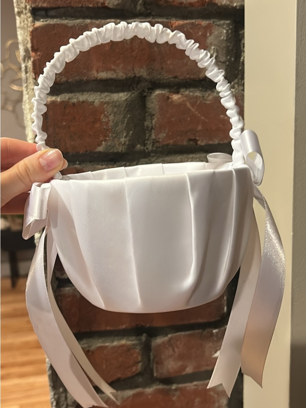 White Satin Flower Girl Basket with Ribbon Handle